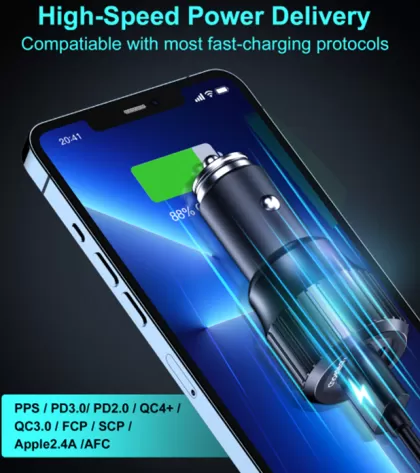 Швидкий автомобільний зарядний пристрій 63 Вт, два USB-C, 45 Вт + USB-A, 18 Вт