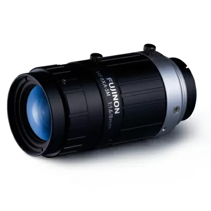 Objetivo Fujinon HF8XA-5M con montura C, diafragma manual de 2/3" y 8 mm F1.6, tamaño compacto, baja distorsión, resolución nominal de 5 megapíxeles (para paso de píxeles de 3,45 micrómetros)