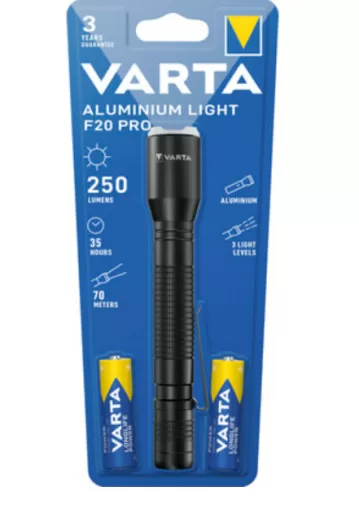 Lampe de poche Varta Aluminium Light F20 Pro LED avec 2 piles AA