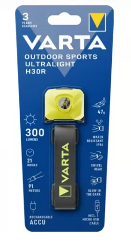 Varta - налобный фонарь для активного отдыха Ultralight H30R с литий-полимерным аккумулятором 300 люмен - лаймово-желтый
