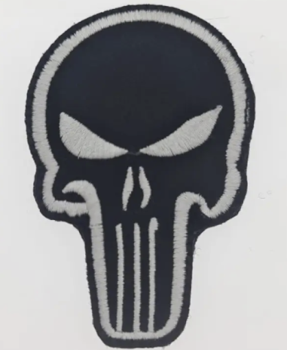 PUNISHER BLACK AND WHITE SKULL EMBROIDERED BADGE