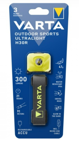 Varta - head lamp Outdoor Sports Ultralight H30R rechargeable Li-Polymer battery 300 lumens - lime yellow