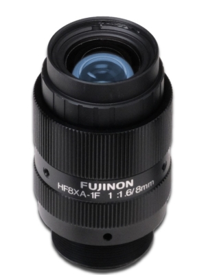 Fujinon HF8XA-1F 2/3" 8mm F1.6/F4/F8 Fixed Iris & Focus C-Mount Lens, Ruggedized Type, Compact Size, 5 Megapixel 