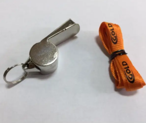 Metal Whistle with Cork Ball and Orange Lanyard